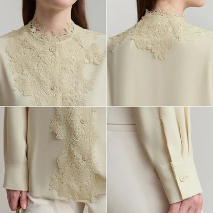 AMII Women's Shirt 2025 Autumn Blouse Lace Splicing Loose Long Sleeve Chiffon Blouse Elegant Ladies Tops Woman Clothing 12543063 Loran