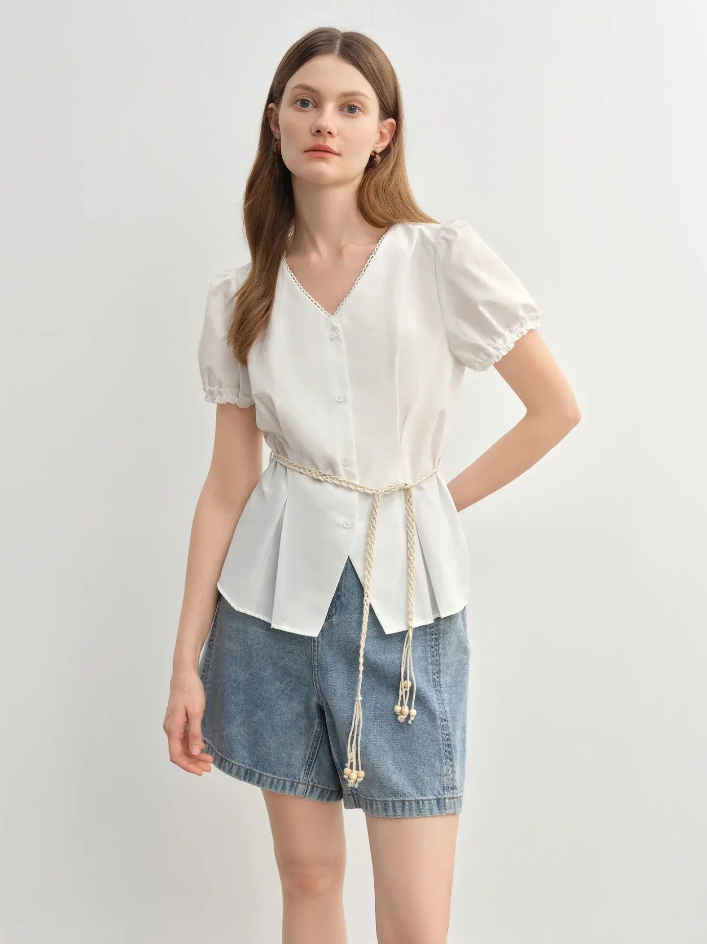 Summer V-Neck Top with Textured Pleats LORAN STORE