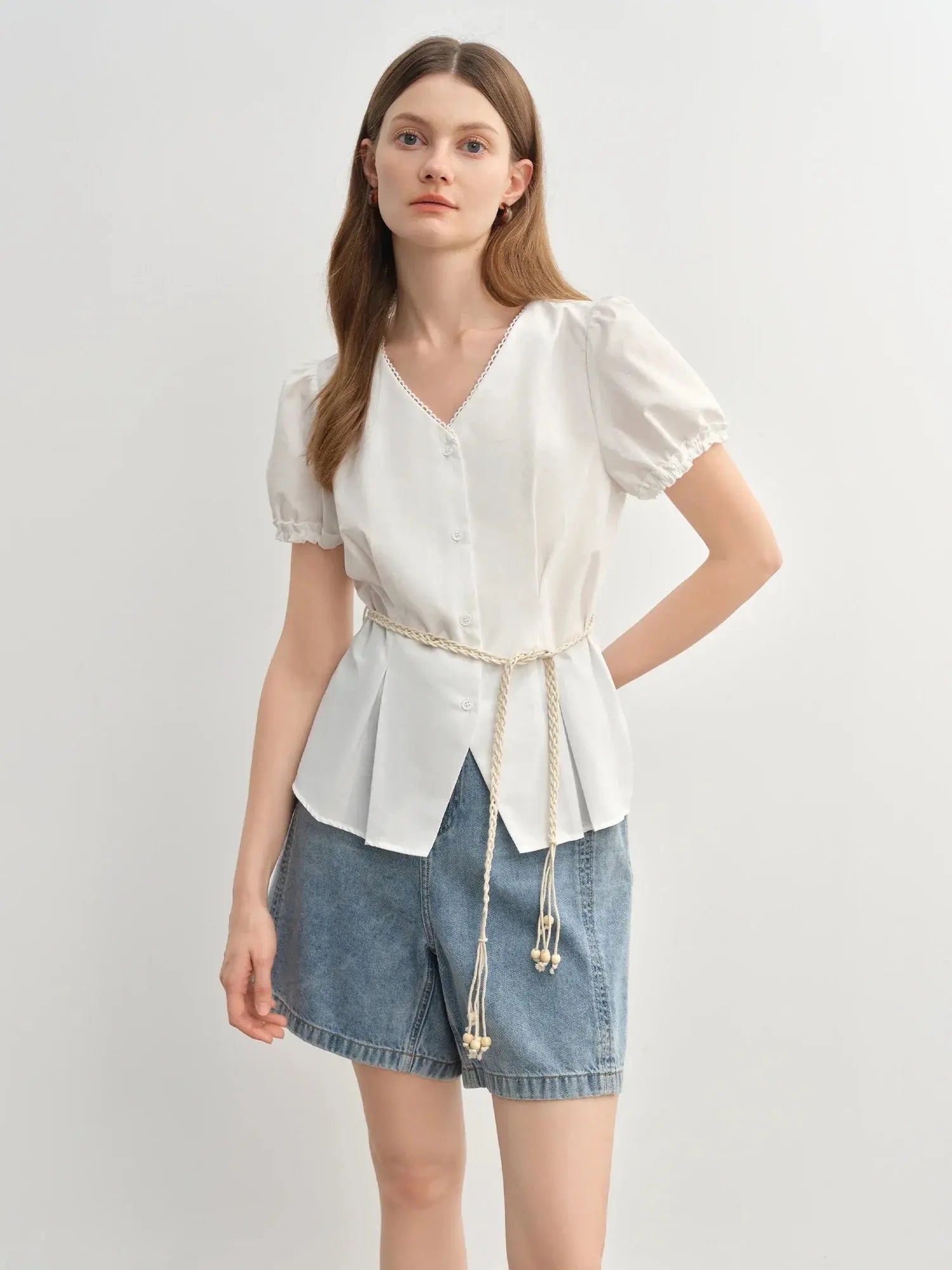 Summer V-Neck Top with Textured Pleats LORAN STORE