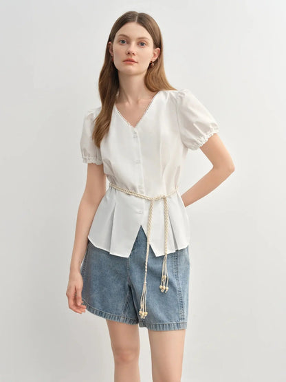 Summer V-Neck Top with Textured Pleats LORAN STORE
