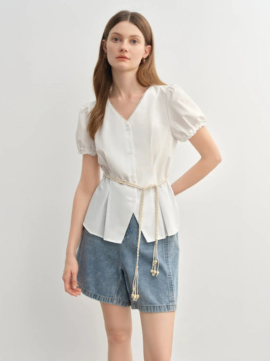 Summer V-Neck Top with Textured Pleats LORAN STORE