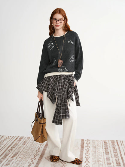 Plus Size Embroidered Round Neck Sweater Cute Winter Knit Loran