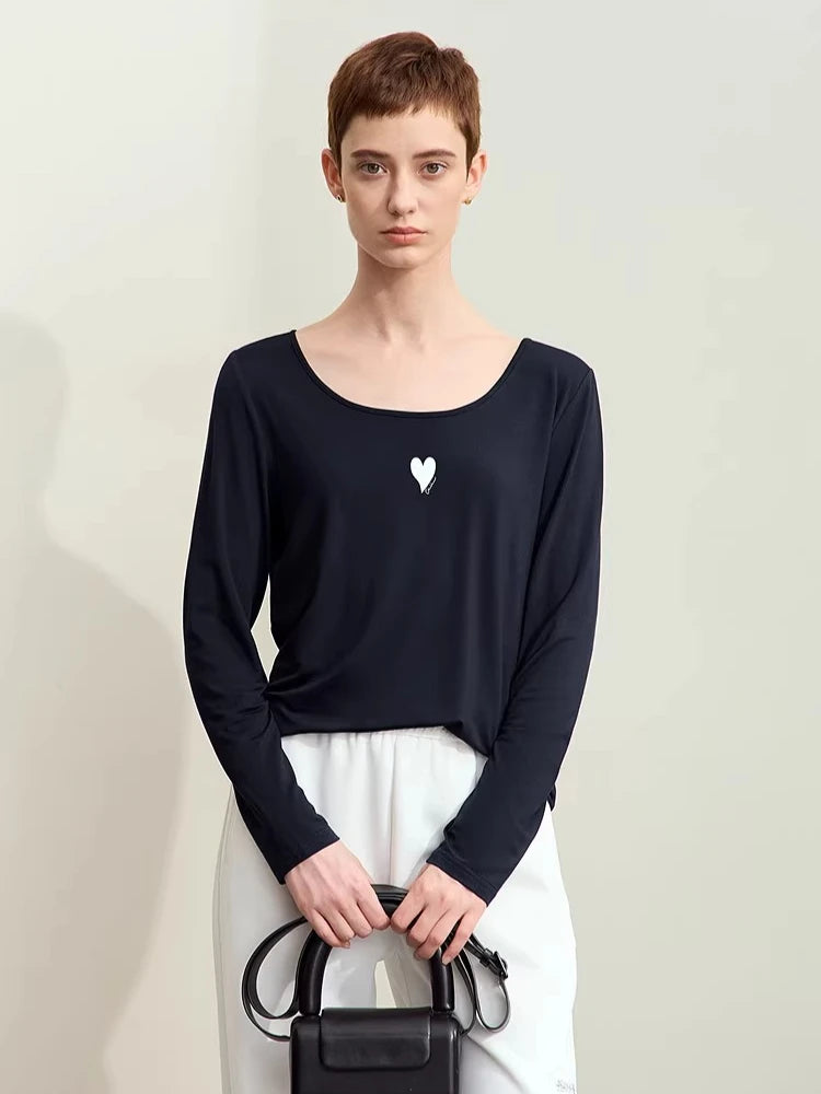 U-Neck Contrast Print Tee Long Sleeve Cotton Basic