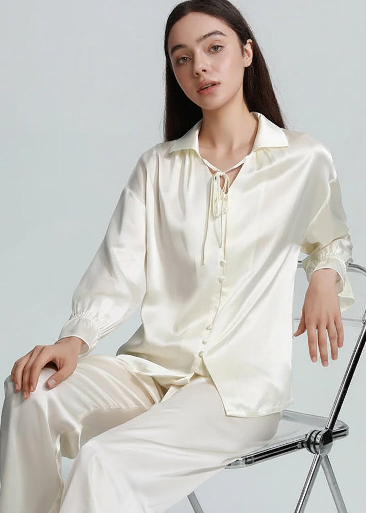 FIMTAIRAH 6A 19MM  100% Mulberry Silk Pajamas Sexy Women's Long SleeveTrousers Silk Casual Fashion Loose Home wear Loran