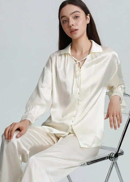 FIMTAIRAH 6A 19MM  100% Mulberry Silk Pajamas Sexy Women's Long SleeveTrousers Silk Casual Fashion Loose Home wear Loran