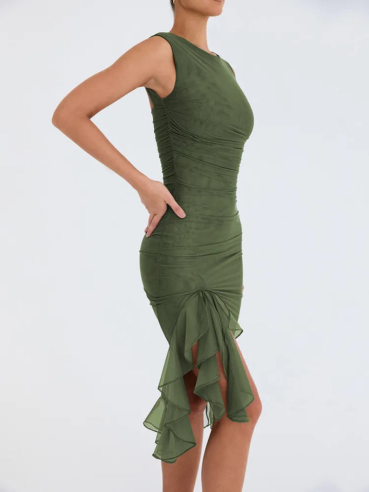 Elegant Ruffle Ruched Midi Dress Backless Sleeveless - 3IN SMART Shop  #