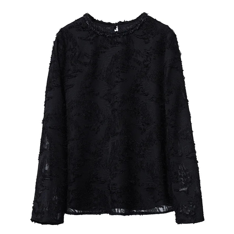 Amii Women's Blouse 2026 Spring New Round Neck Elegant Straight Chiffon Shirt Women's Commuter Long Sleeve Pullover Top 12611033 Loran