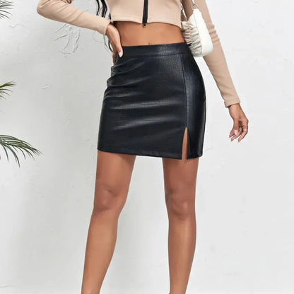 Split Hem Black PU Leather Skirt - Loran
