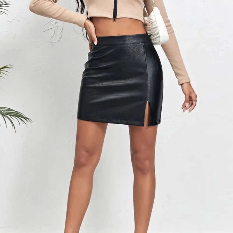Split Hem Black PU Leather Skirt