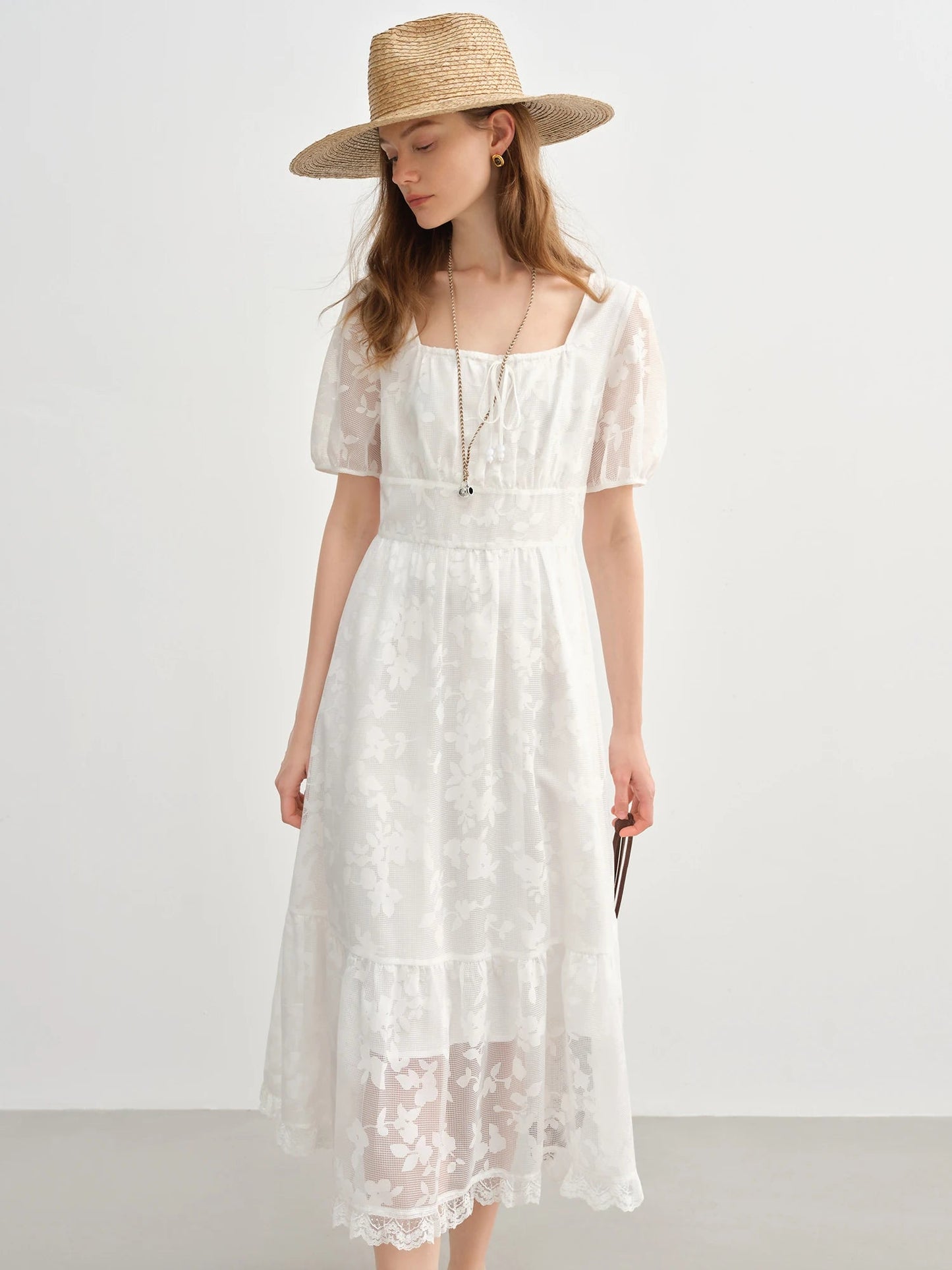Plus Size White Burnout Dress Elegant Square Neck Summer Loran