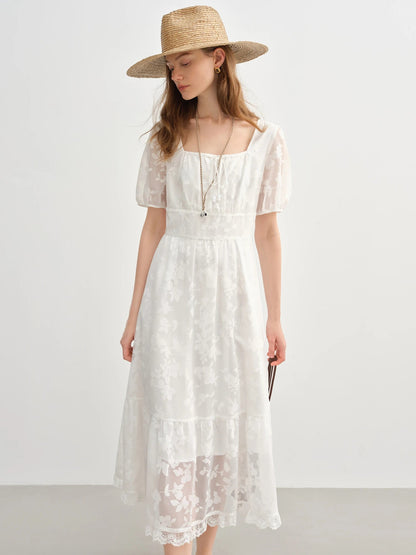 Plus Size White Burnout Dress Elegant Square Neck Summer Loran