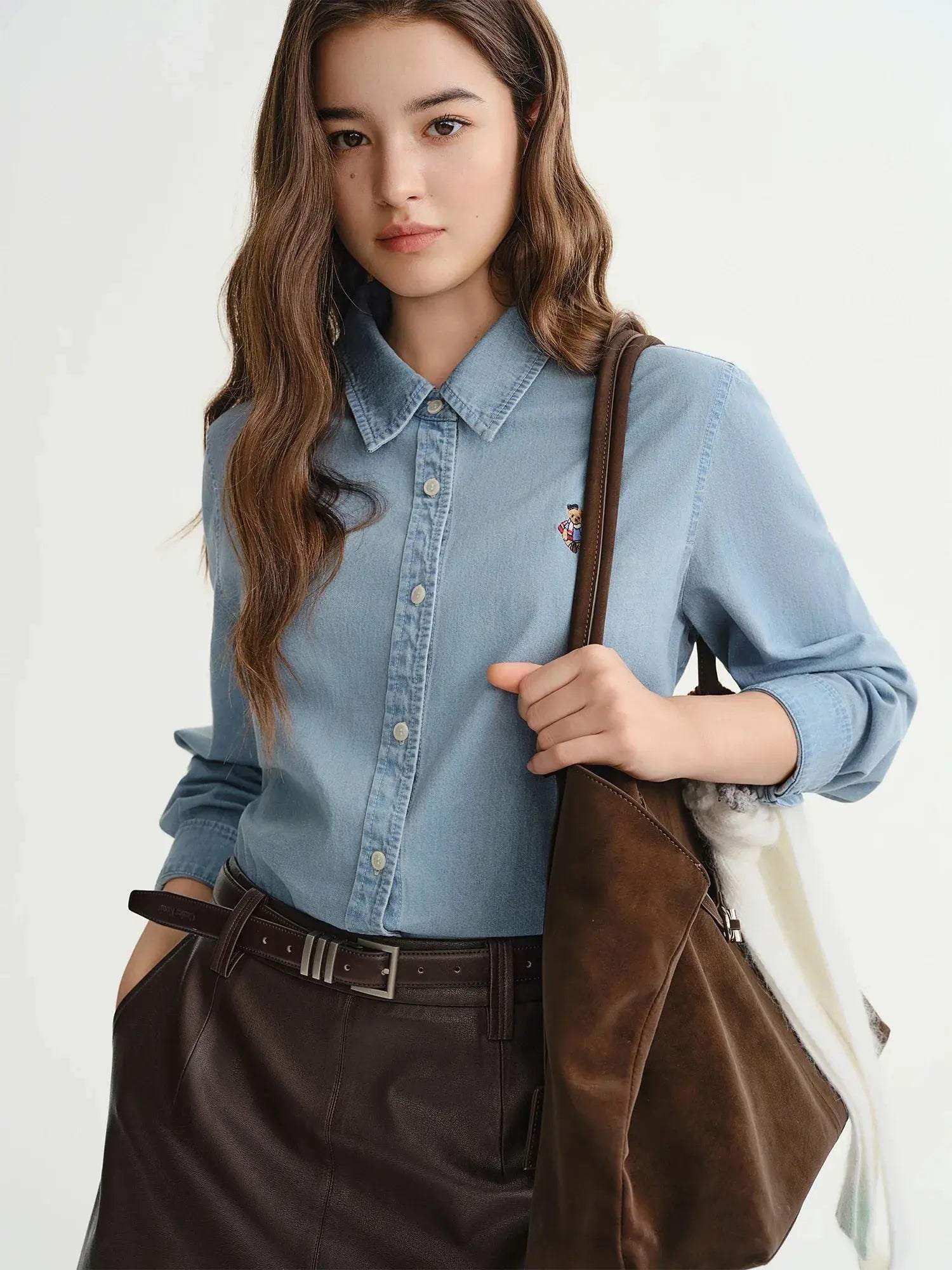 American Retro Bear-Embroidered Denim Shirt (Plus Size) - Loran