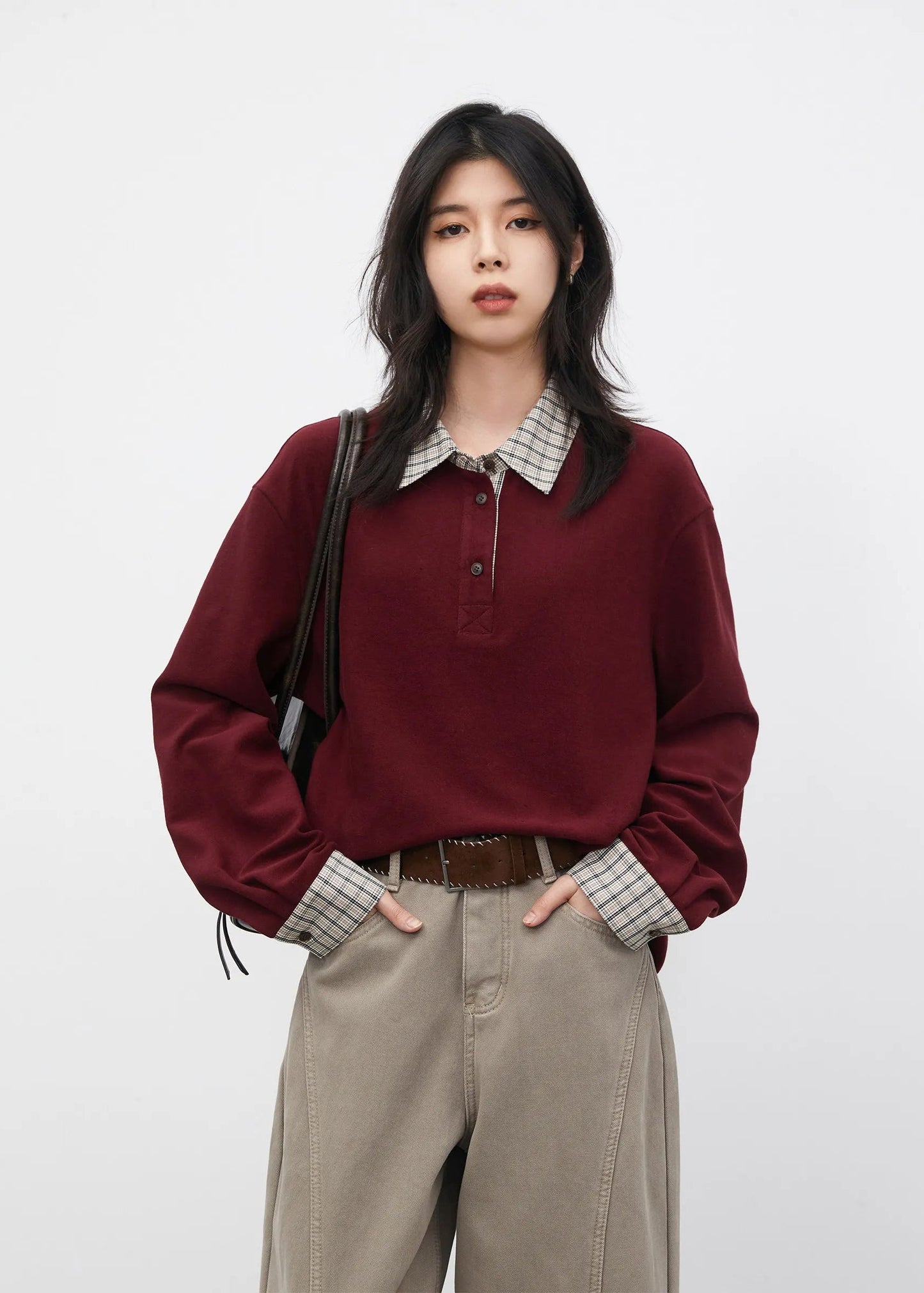 Color Block Plaid T-Shirt  Loose Casual Long Sleeve Loran
