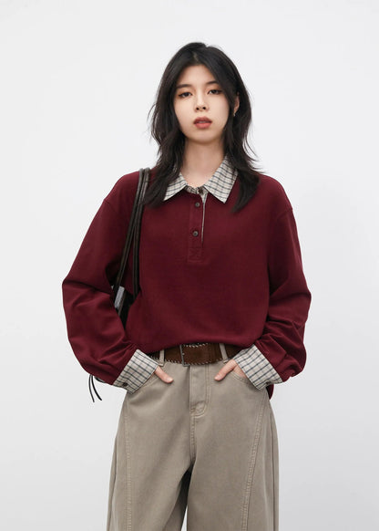 Color Block Plaid T-Shirt  Loose Casual Long Sleeve Loran
