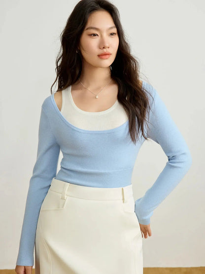 Chic Plus Size Contrasting Color Faux 2-Piece Sweater Top - Loran