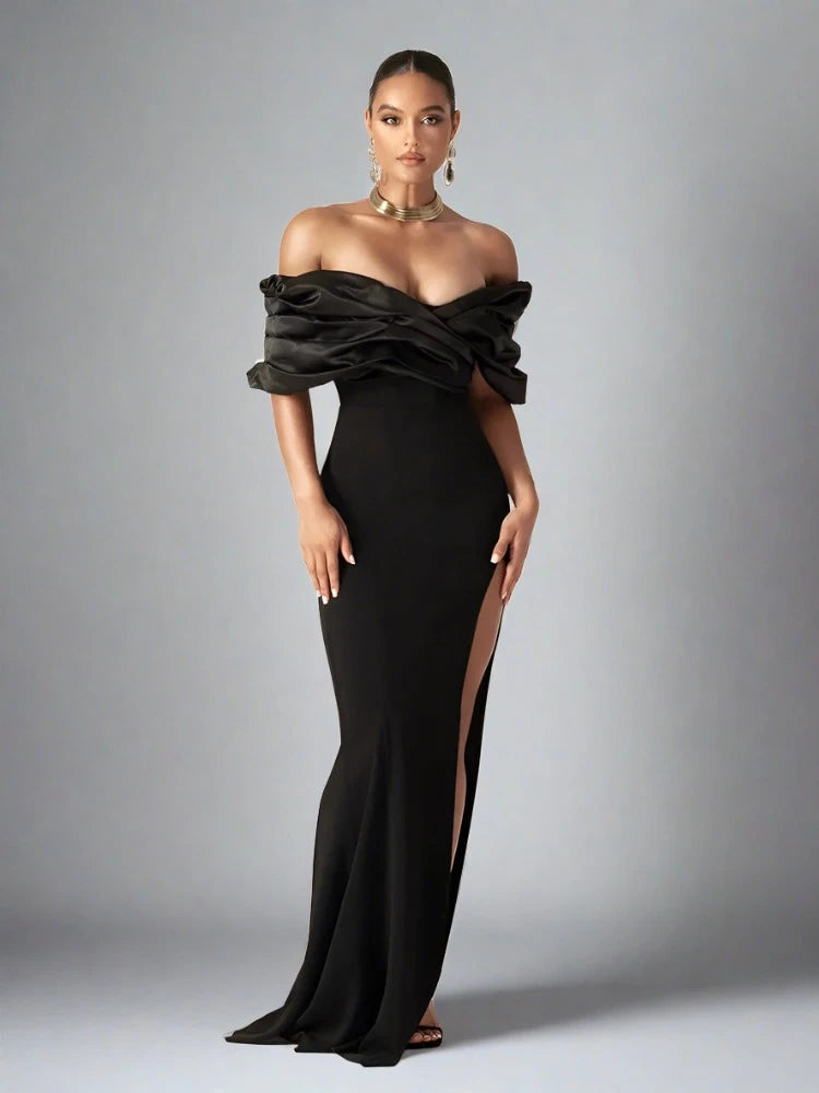 Satin Ruffle Shoulder High Slit Long Dress