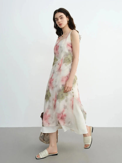 Blush Effect Print Plus Size Dress: Flattering Fit & Strappy Elegance - Loran