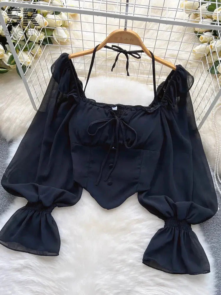 Halter Backless Blouse with Ruffle Flare Sleeves - Loran
