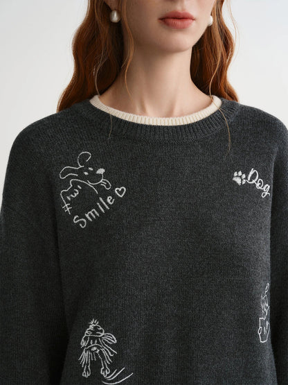 Plus Size Embroidered Round Neck Sweater Cute Winter Knit Loran