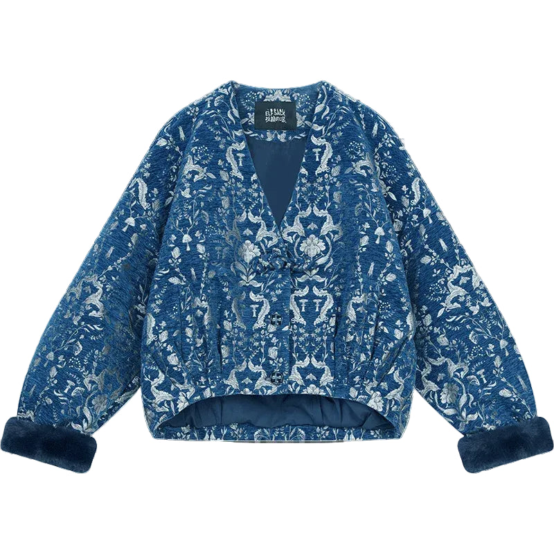 Women’s Retro Gothic Winter Coat Blue Silver Embroidery Loran