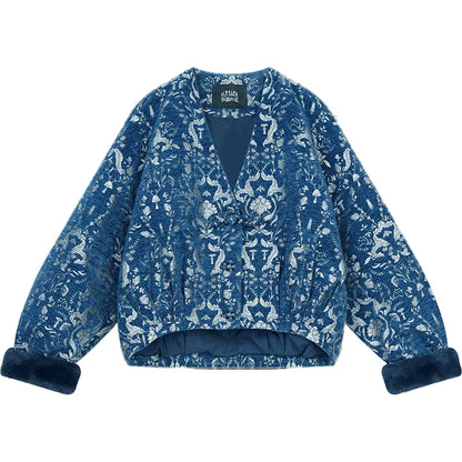Women’s Retro Gothic Winter Coat Blue Silver Embroidery Loran
