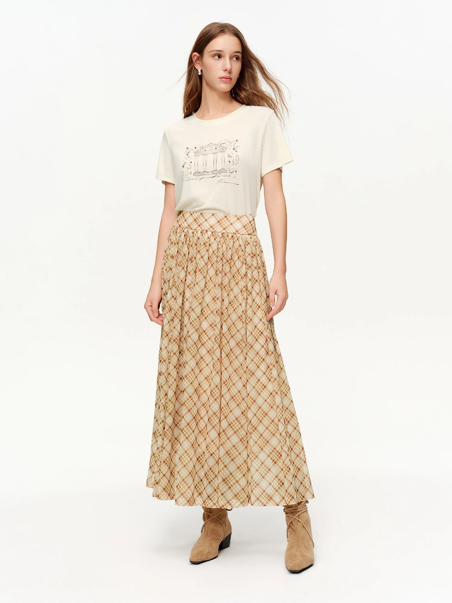 DUSHU Brown Retro Plaid Mesh Midi Skirt 2026 Spring New Arrival Fashionable Long A-line Skirt Romantic Holiday Urban Style Loran