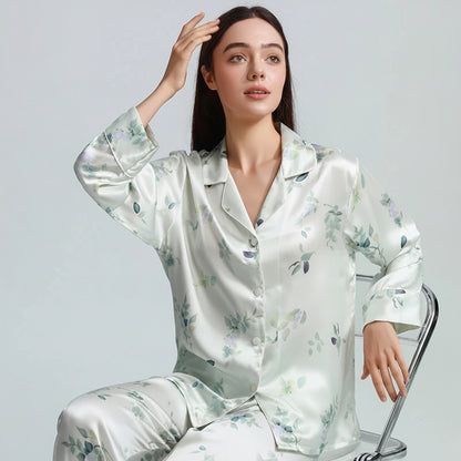 FIMTAIRAH 6A 19MM  Printed Floral  Home Suit   Real Silk Pajamas Set  100% Silk Pajamas For Women Female Spring Loran
