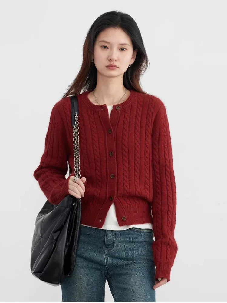 Red Round Neck Cardigan Twisted Raccoon Hair Knit Loran