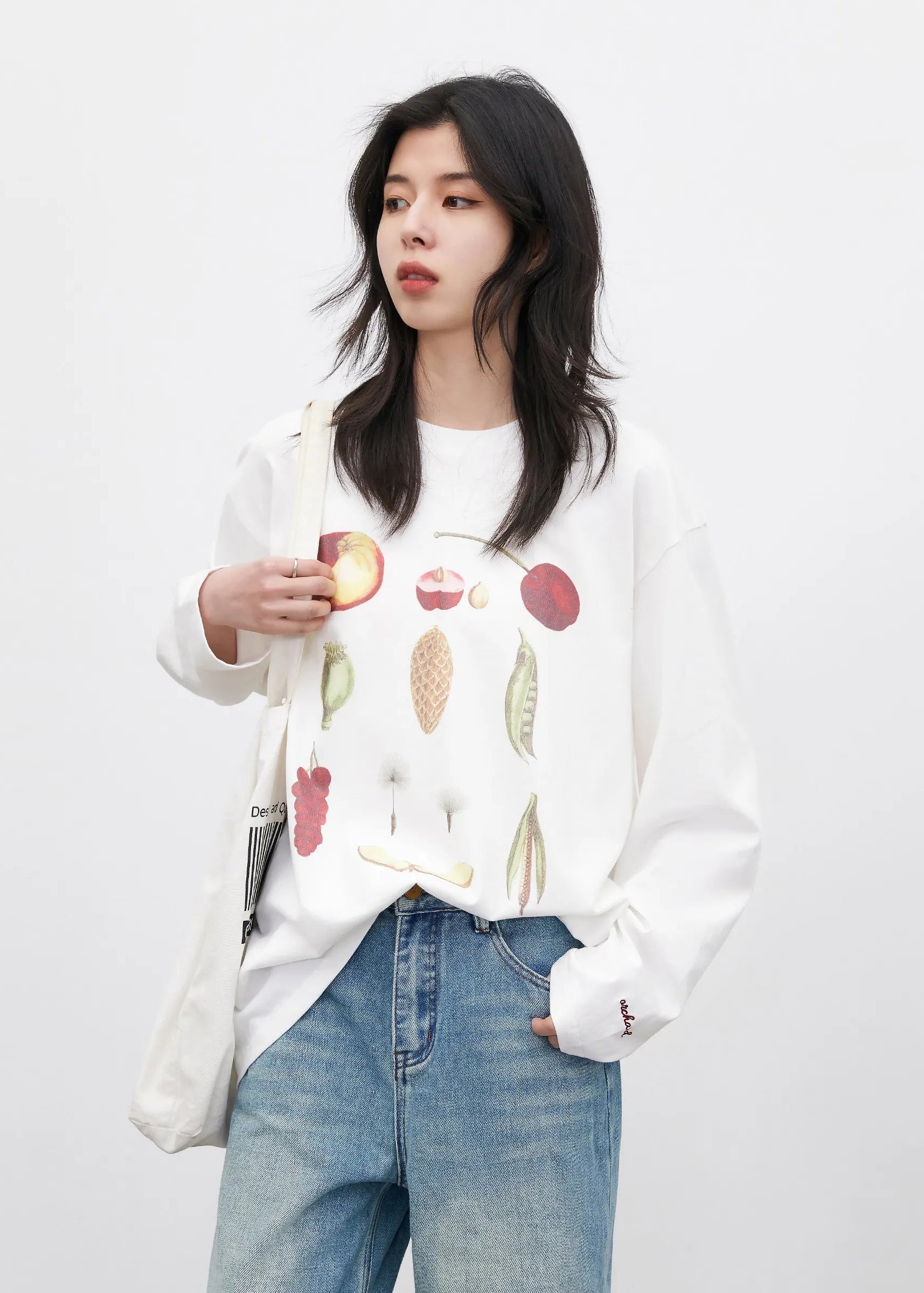 Floral & Fruit Print Long Sleeve T-Shirt Cotton Tee Loran