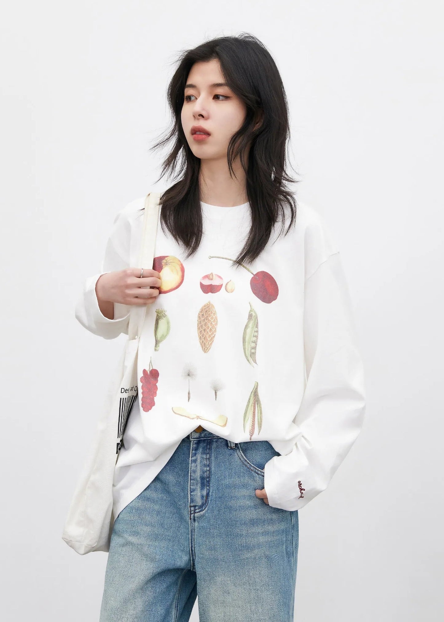 Floral & Fruit Print Long Sleeve T-Shirt Cotton Tee Loran