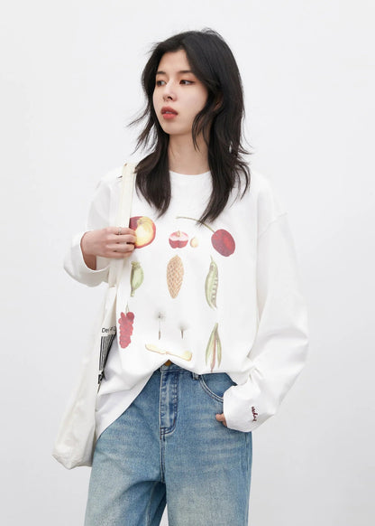Floral & Fruit Print Long Sleeve T-Shirt Cotton Tee Loran