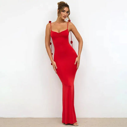 Sleeveless Neck-Wrap Evening Party Dress with Floral Strap Accents - Loran