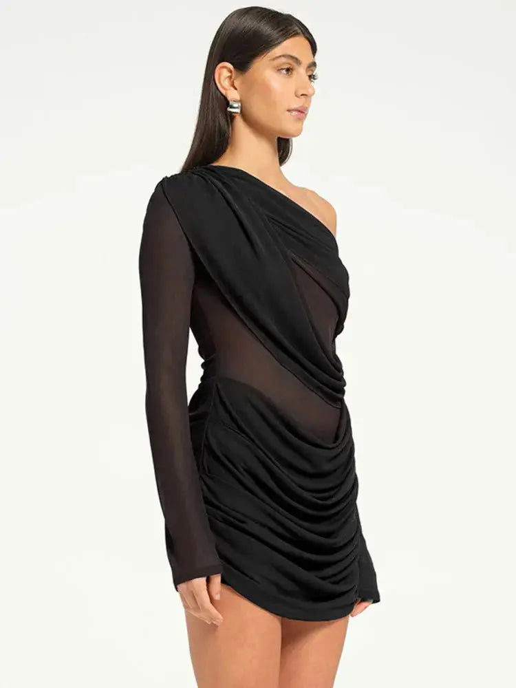 Elegant Mesh Long Sleeve Backless Mini Dress - Loran