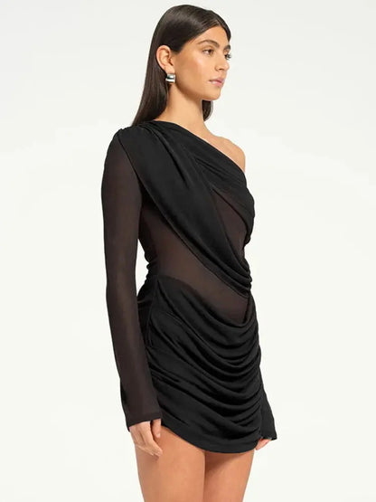 Elegant Mesh Long Sleeve Backless Mini Dress - Loran
