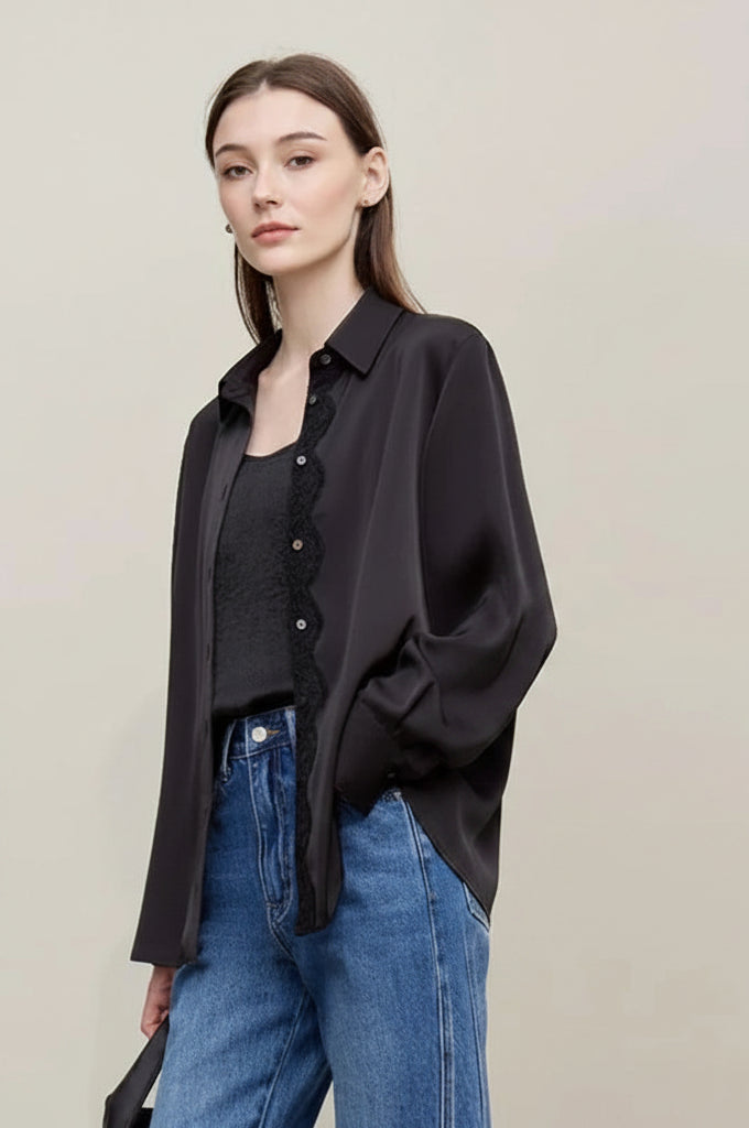 Amii Women's Blouse 2026 Spring New Mesh Lace Patchwork Chiffon Shirt Women's Casual Loose Lapel Single Breasted Tops 12641087 Loran