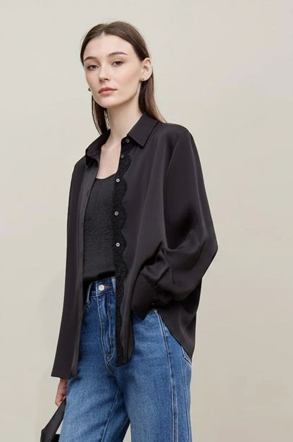 Amii Women's Blouse 2026 Spring New Mesh Lace Patchwork Chiffon Shirt Women's Casual Loose Lapel Single Breasted Tops 12641087 Loran