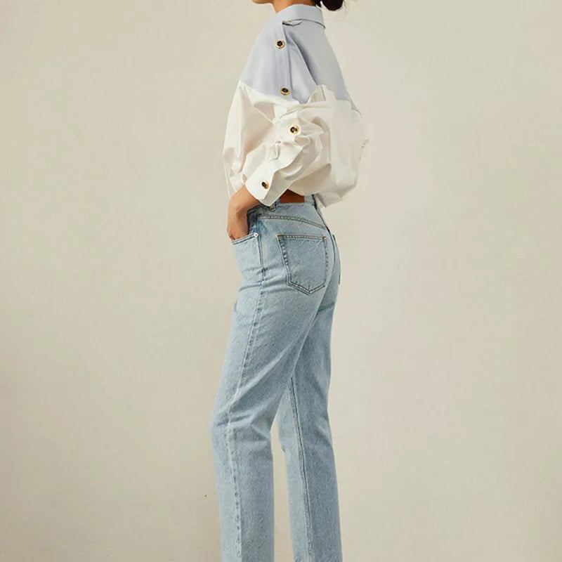 Contrast Patchwork Long-Sleeve Blouse