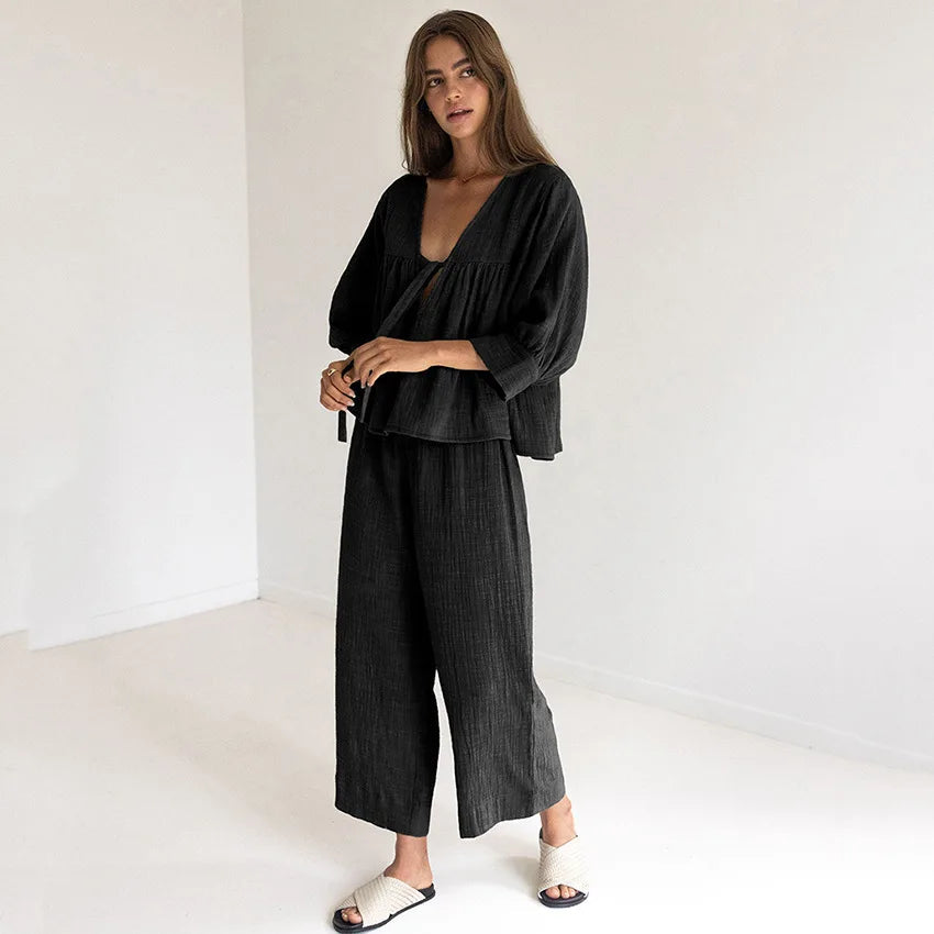 Women's 2-Piece Cotton Pajama Set V-Neck Sleepwear Loran