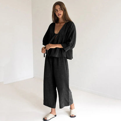 Women's 2-Piece Cotton Pajama Set V-Neck Sleepwear Loran