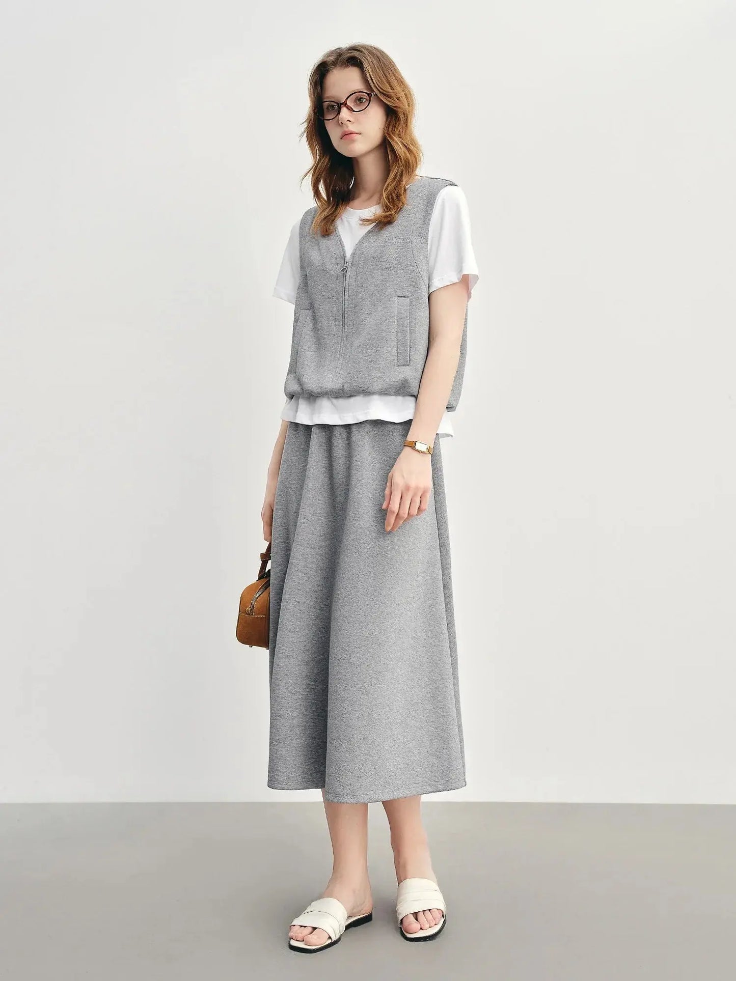 Simple Gray Short-Sleeve Faux Two-Piece Skirt Suit - Loran