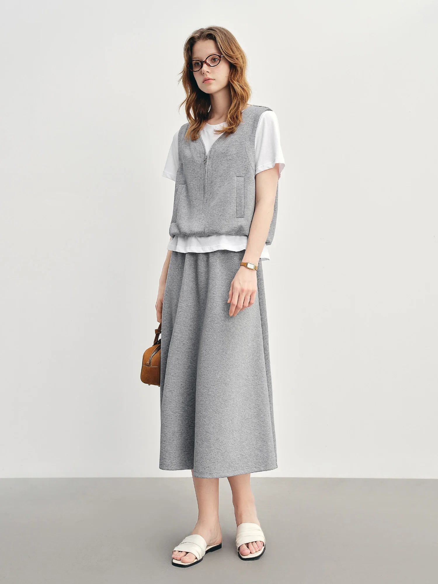 Gray Mock Two-Piece Skirt Suit Casual Short-Sleeve Set Loran