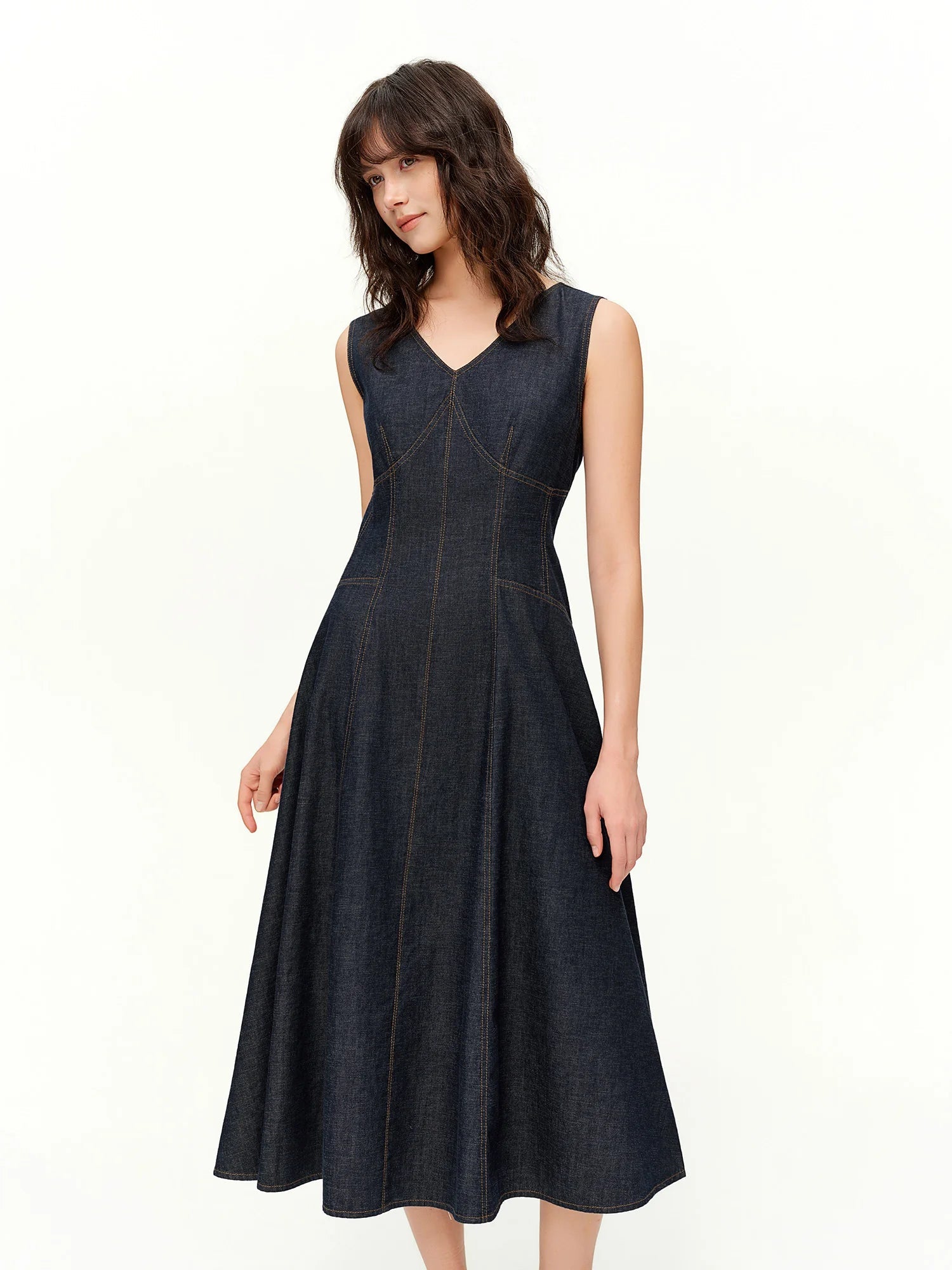 Women’s Sculpted Denim Midi Dress Sleeveless A-Line Style Loran