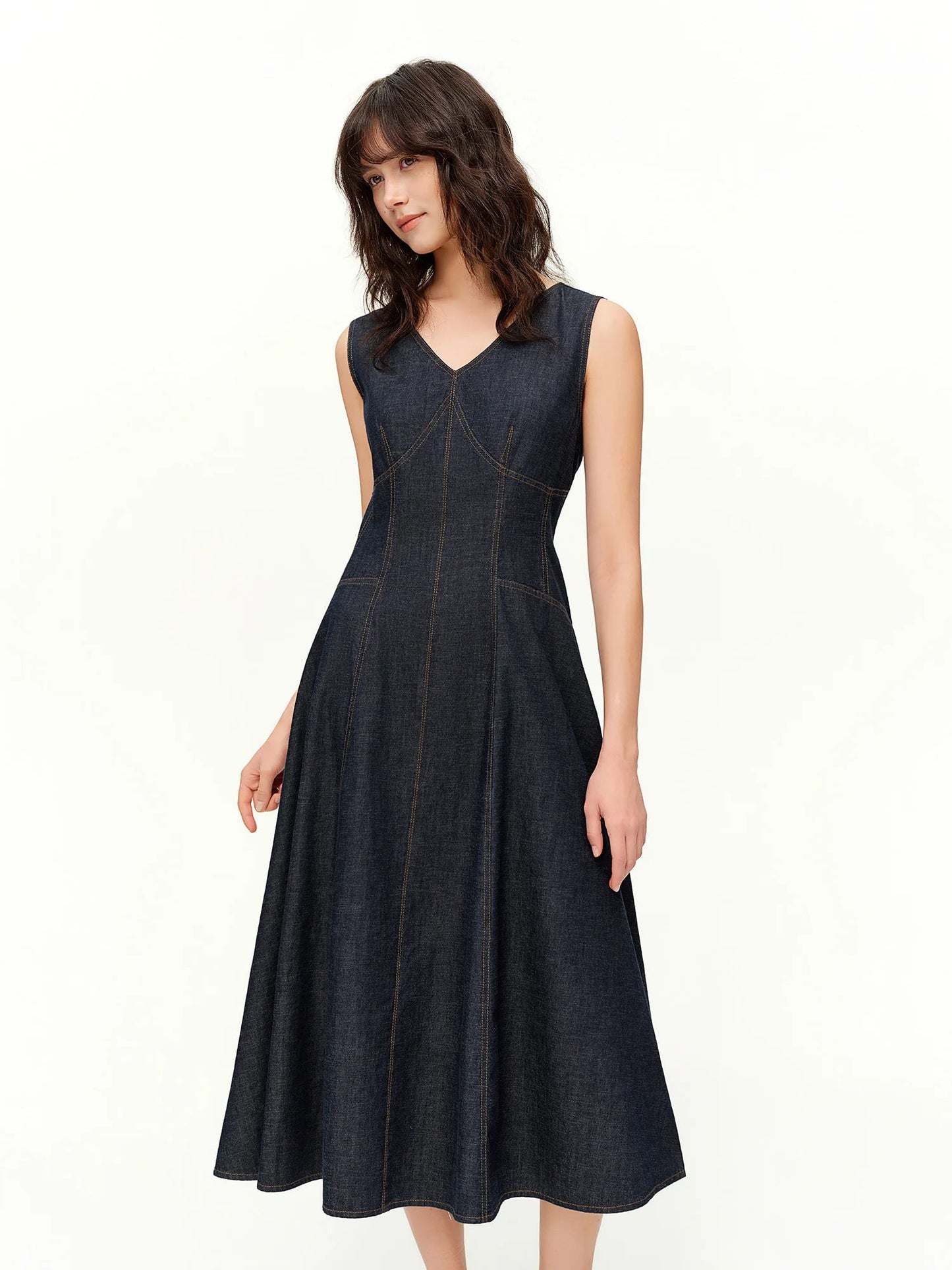 Women’s Sculpted Denim Midi Dress Sleeveless A-Line Style Loran