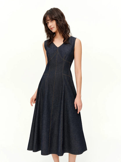 Women’s Sculpted Denim Midi Dress Sleeveless A-Line Style Loran