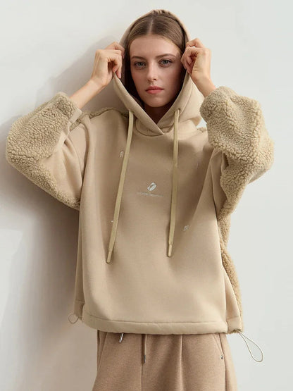 Embroidered Drawstring Faux Lamb Wool Sweatshirt