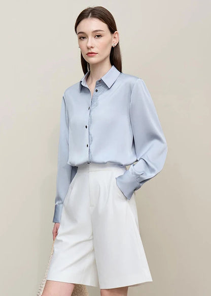 Amii Women's Blouse 2026 Spring New Mesh Lace Patchwork Chiffon Shirt Women's Casual Loose Lapel Single Breasted Tops 12641087 Loran