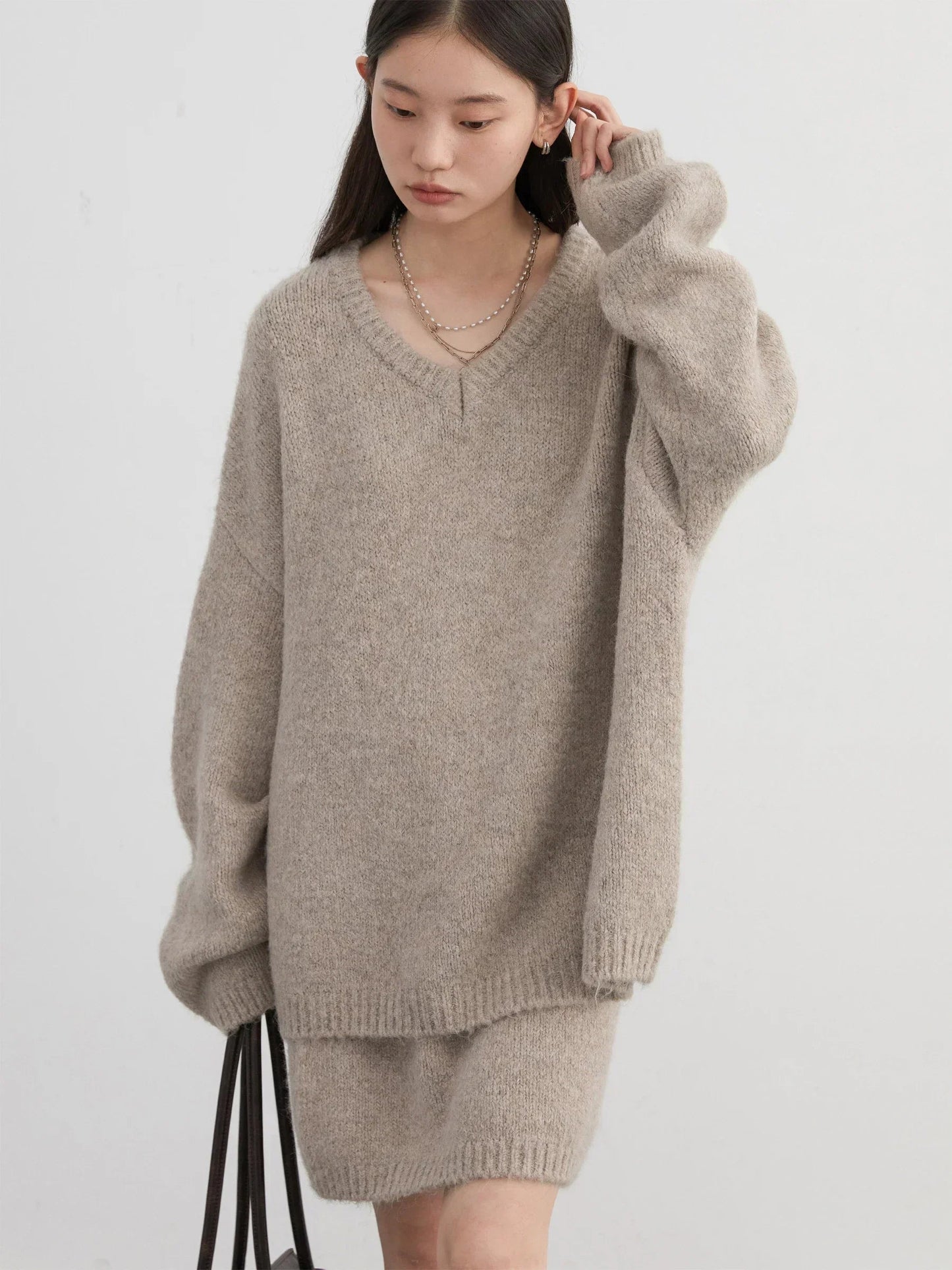 V-Neck Sweater & Mini Skirt Set 2-Piece Knit Outfit Loran