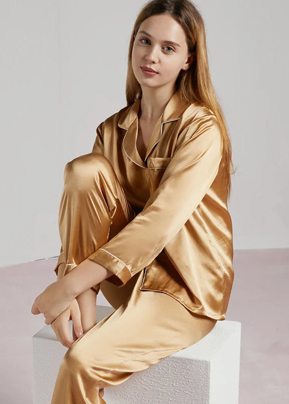 19MM 100% Mulberry Silk Pajamas Women Silk Sleepwear Lady Long-sleeved TrousersTwo-piece Spring Summer  Loose Sexy Home Clothes Loran