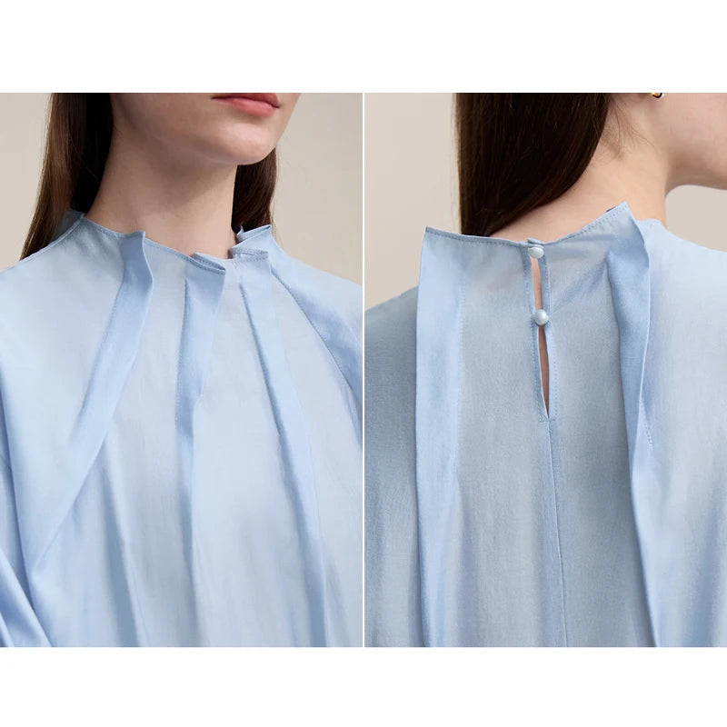 Amii Women Shirt 2026 Spring New Elegant Commuter Pleated Chiffon Shirt Women's Stand Collar Drop Shoulder-sleeved Top 12641074 Loran