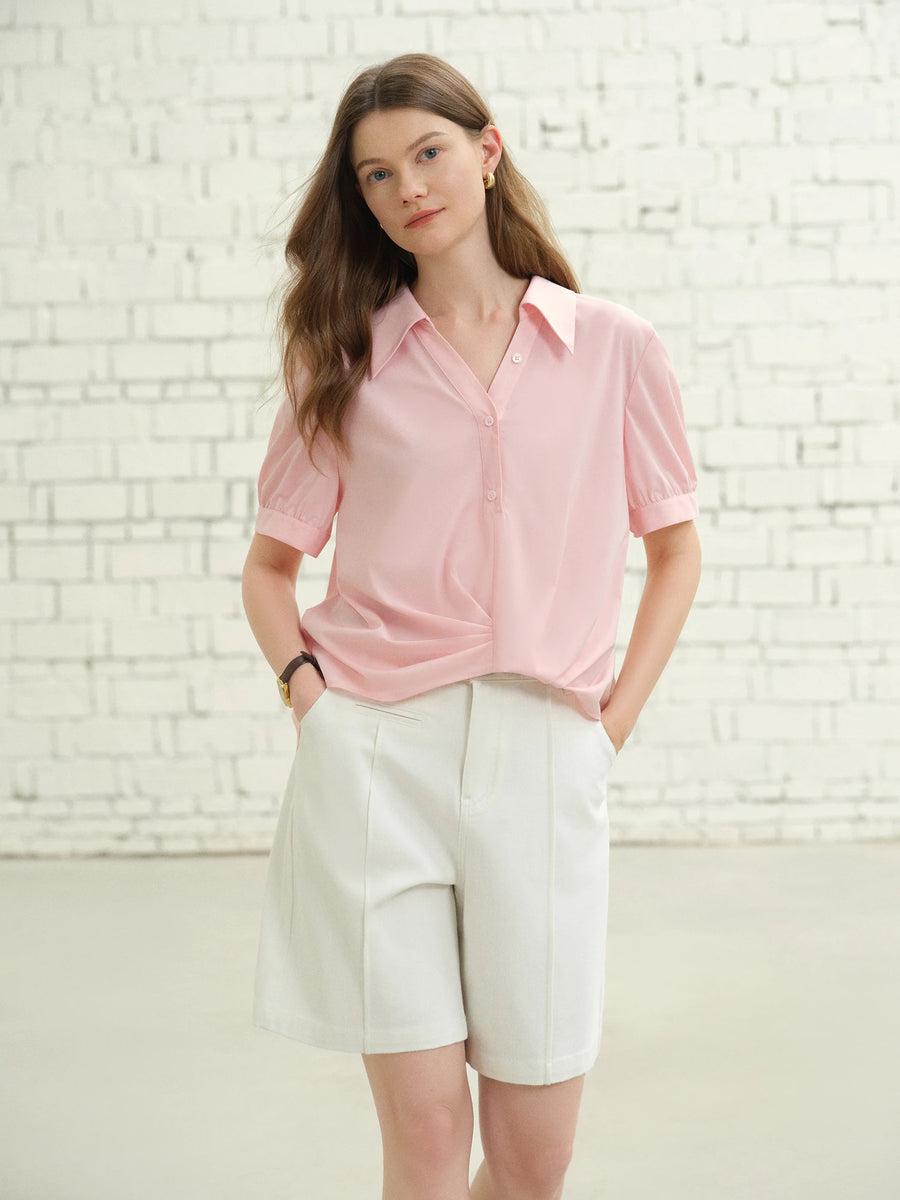 Short-Sleeved Pleated Top, Asymmetrical Hem